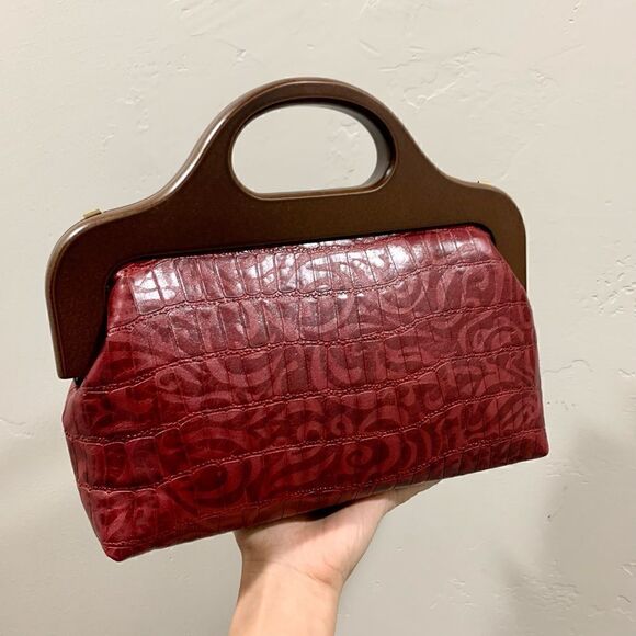 Burgundy Floral Embossed Cowhide Handmade Wooden Frame Top Handle Bag/Crossbody - Picture 12 of 16